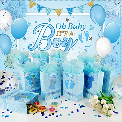 Dragonfy 16 PCS Baby Shower Bags for Boys - Medium Paper Gift Bags with Gift Wrapping Paper, Baby Shower Party Favors for Guests Baby Birthday Treat Bags(It’s a Boy!), blue