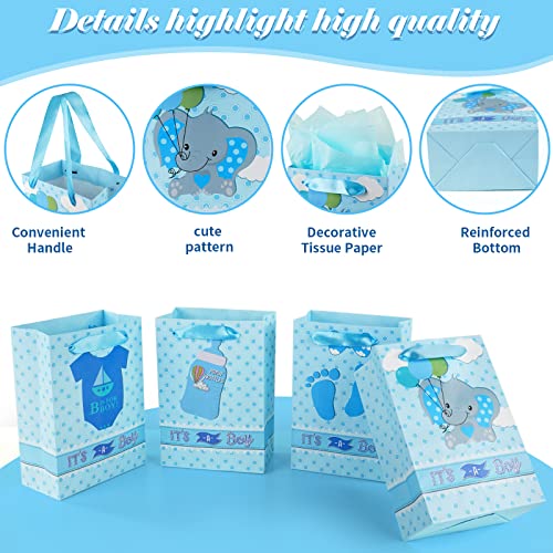 Dragonfy 16 PCS Baby Shower Bags for Boys - Medium Paper Gift Bags with Gift Wrapping Paper, Baby Shower Party Favors for Guests Baby Birthday Treat Bags(It’s a Boy!), blue