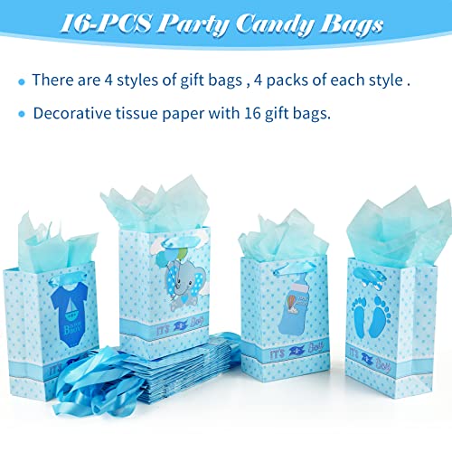 Dragonfy 16 PCS Baby Shower Bags for Boys - Medium Paper Gift Bags with Gift Wrapping Paper, Baby Shower Party Favors for Guests Baby Birthday Treat Bags(It’s a Boy!), blue