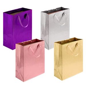 gift bags medium size with handles bulk (4 pack, 13″ x 5″ x 10″) unique foil surface assorted color kraft paper bags for birthday, baby shower, thanks giving, wedding, christmas, halloween, holiday present favor bags