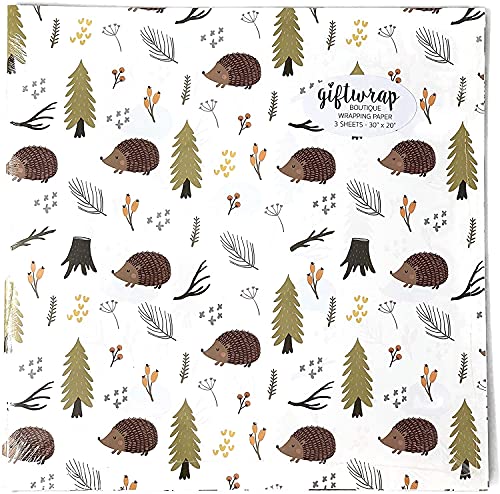 Stesha Party Woodland Wrapping Paper Hedgehog Gift Wrap - Folded Flat 30 x 20 Inch 3 Sheets