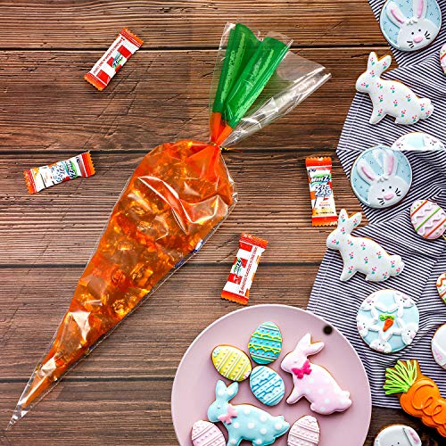 Boao 200 Counts Easter Carrot Patterned Cone Cellophane Bags Treat Goody Bags with 200 Pieces Gold Twist Ties for Easter Party Favor