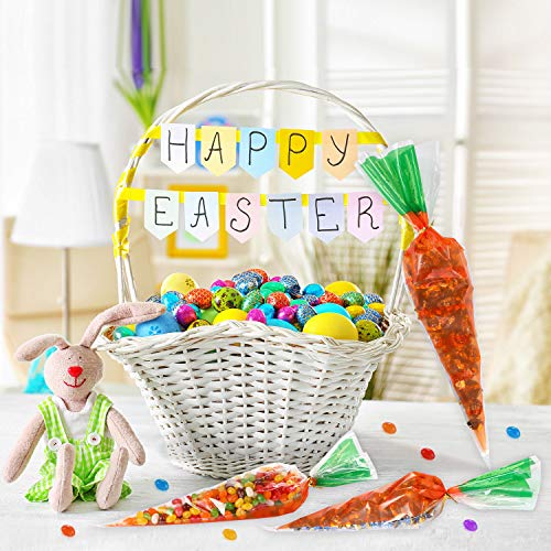 Boao 200 Counts Easter Carrot Patterned Cone Cellophane Bags Treat Goody Bags with 200 Pieces Gold Twist Ties for Easter Party Favor