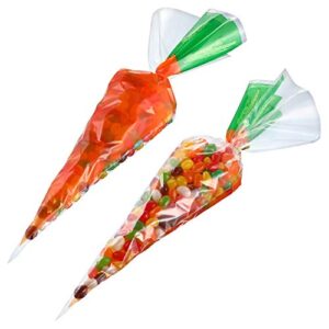 Boao 200 Counts Easter Carrot Patterned Cone Cellophane Bags Treat Goody Bags with 200 Pieces Gold Twist Ties for Easter Party Favor