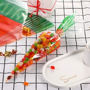 Boao 200 Counts Easter Carrot Patterned Cone Cellophane Bags Treat Goody Bags with 200 Pieces Gold Twist Ties for Easter Party Favor