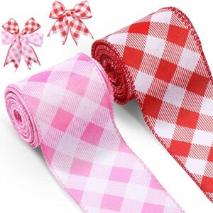 2 Rolls Valentine's Day Wired Ribbons 2.5 Inch Wide Valentine's Day Plaid Ribbons Rolls Red Pink White Diagonal Buffalo Plaid Ribbons for DIY Valentine's Day Decor Wrapping Crafts( 10 Yards)