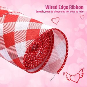 2 Rolls Valentine's Day Wired Ribbons 2.5 Inch Wide Valentine's Day Plaid Ribbons Rolls Red Pink White Diagonal Buffalo Plaid Ribbons for DIY Valentine's Day Decor Wrapping Crafts( 10 Yards)