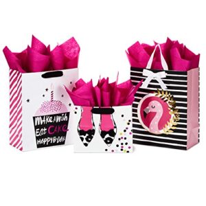 hallmark gift bags assortment with tissue paper – pink and black cupcake, shoes, flamingo (pack of 3: 2 large 13″ and 1 medium 7″ gift bags) for birthdays, mother’s day, baby showers, bridal showers