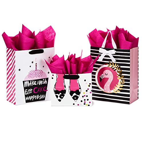 Hallmark Gift Bags Assortment with Tissue Paper - Pink and Black Cupcake, Shoes, Flamingo (Pack of 3: 2 Large 13" and 1 Medium 7" Gift Bags) for Birthdays, Mother's Day, Baby Showers, Bridal Showers