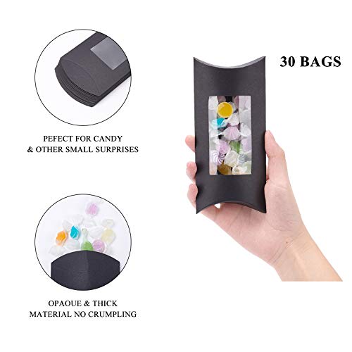 BENECREAT 30pcs 6x3x1 Inches Black Kraft Paper Pillow Boxes with Clear Window, Candy Packaging Box Treat Box for Birthday Wedding Party