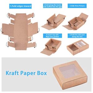 BENECREAT 20 Packs 3.5x3.5x1.2 Square Kraft Paper Gift Boxes Drawer Box with PVC Window Lid for Chrismas Party Favor Treats Bakery and Candy