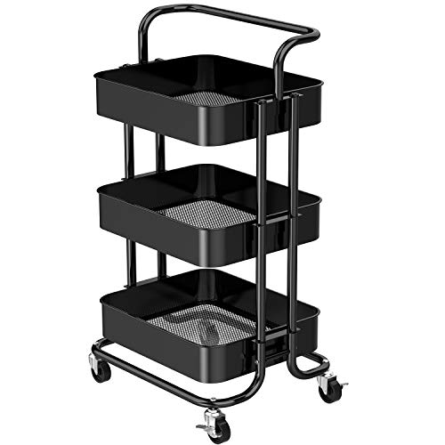 FURNINXS 3 Tier Rolling Cart with Wheels Metal Utility Cart with Handle Rolling Storage Organizer Trolley Cart for Kitchen, Office, Home, School (Black)