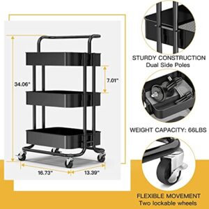 FURNINXS 3 Tier Rolling Cart with Wheels Metal Utility Cart with Handle Rolling Storage Organizer Trolley Cart for Kitchen, Office, Home, School (Black)