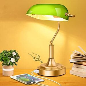 bankers lamp with 2 usb ports, touch control green glass desk lamp with brass base, 3-way dimmable vintage desk lamp for home office workplace nightstand bedroom library piano, led bulb included