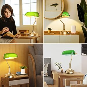 Bankers Lamp with 2 USB Ports, Touch Control Green Glass Desk Lamp with Brass Base, 3-Way Dimmable Vintage Desk Lamp for Home Office Workplace Nightstand Bedroom Library Piano, LED Bulb Included