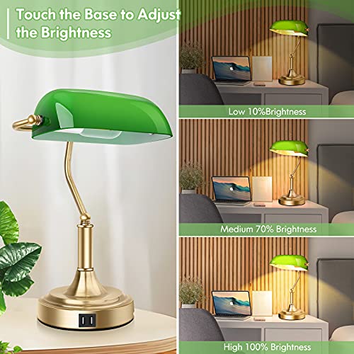 Bankers Lamp with 2 USB Ports, Touch Control Green Glass Desk Lamp with Brass Base, 3-Way Dimmable Vintage Desk Lamp for Home Office Workplace Nightstand Bedroom Library Piano, LED Bulb Included