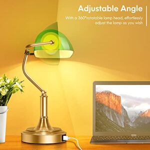 Bankers Lamp with 2 USB Ports, Touch Control Green Glass Desk Lamp with Brass Base, 3-Way Dimmable Vintage Desk Lamp for Home Office Workplace Nightstand Bedroom Library Piano, LED Bulb Included