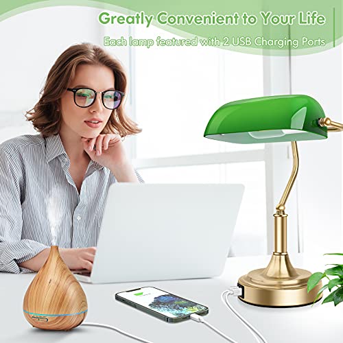 Bankers Lamp with 2 USB Ports, Touch Control Green Glass Desk Lamp with Brass Base, 3-Way Dimmable Vintage Desk Lamp for Home Office Workplace Nightstand Bedroom Library Piano, LED Bulb Included