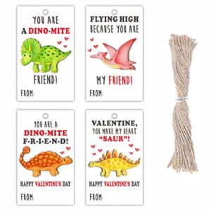 Valentine's Day Gift Tag, Dinosaur Theme Valentine Hang Tags with Strings(40 Pack), Happy Valentine's Day Hang Tags Gift Wrapping Decorations and Supplies for Boys Girls(QRJDP-002)