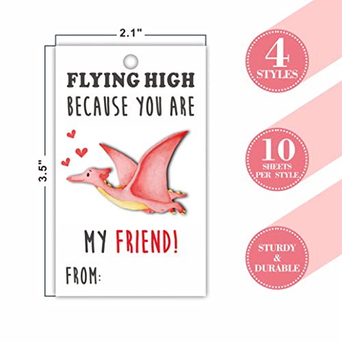 Valentine's Day Gift Tag, Dinosaur Theme Valentine Hang Tags with Strings(40 Pack), Happy Valentine's Day Hang Tags Gift Wrapping Decorations and Supplies for Boys Girls(QRJDP-002)