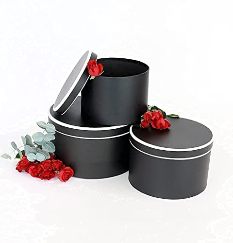 UNIKPACKAGING Premium Quality Round Flower Box, Gift Boxes for Luxury Flower and Gift Arrangements, Set of 3 pcs (L/M/S) (Black with White Rim)