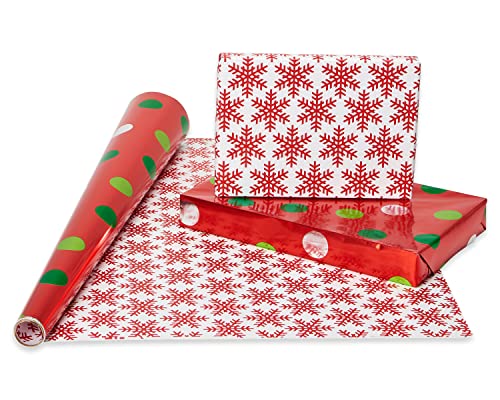 American Greetings Christmas Reversible Wrapping Paper Bundle, Polka Dots, Trees, Snowmen and Snowflakes (4 Rolls, 120 sq. ft.)