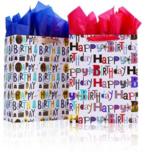 elephant-package 2pcs 12.6″ large happy birthday gift bags with tissue paper for birthday party.