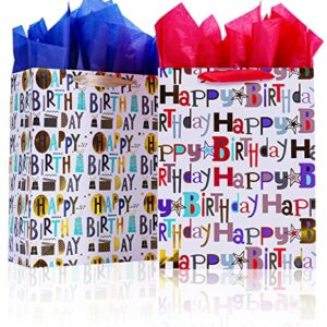 Elephant-package 2Pcs 12.6" Large Happy Birthday Gift Bags with Tissue Paper for Birthday Party.