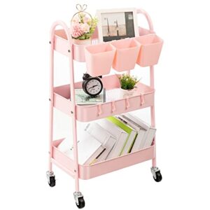 danpinera 3-tier rolling cart, metal rolling storage cart with lockable wheels & hanging cups & hooks, mobile trolley cart for kitchen, bathroom, office, workshop, pink