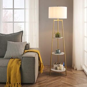 rosen garden floor lamp, standing reading light with faux marble shelves and fabric shade, modern tall pole, accent furniture décor lighting for living room, bedrooms