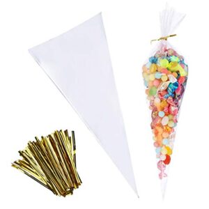 cone bag 100 pcs clear cello treat bags popcorn bags 7 by 15 inch triangle goody bags with twist ties for candies handmade cookies (100 large)