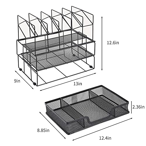 Becomrock Desk Organizers and Accessories, Office Supplies Desktop Organizer, Desk File Organizer with Sliding Drawer, Dual Tray and 5 Upright Section, File Folder Holder for Desk (Black)