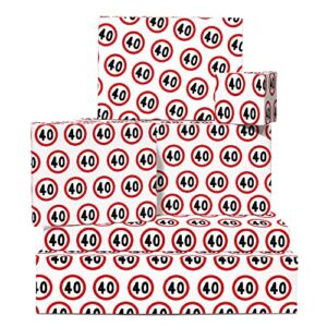 central 23 40th birthday wrapping paper – 6 sheets of white gift wrap and tags – speed sign – age 40 forty – fun wrapping paper for men and women – comes with stickers – eco-friendly