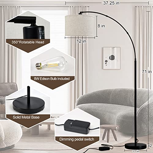 Luvkczc Dimmable Arc Floor Lamps for Living Room, Tall Floor Lamps with Adjustable Hanging Shade, Modern Arc Floor Lamp with Dimmer for Bedroom, 8WLED Bulb Include