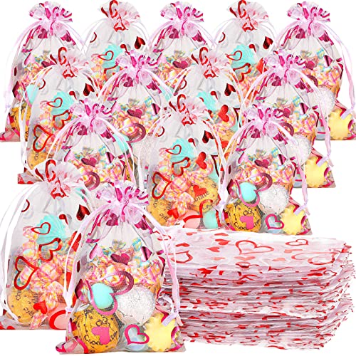 Shappy 100 Pieces Heart Organza Bags with Drawstring Jewelry Pouch Bags Candy Cookies Packaging Bags for Mother's Day Birthday Wedding Festival Party Favor Supply (Red, Rose Red,2.8 x 3.5 Inch)