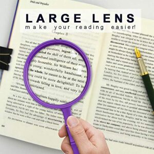 LELE LIFE 10X 95mm Large Magnifying Glass for Seniors and Kids, Unique Bamboo Handheld Reading Magnifier, Hand Held Reading Magnifying Glass for Reading and Hobby Observation, Purple