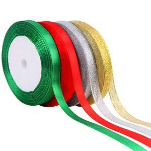 decyool 4 rolls 100 yards christmas ribbons metallic glitter fabric holiday festival satin ribbons 10mm wide for gift wrapping decoration