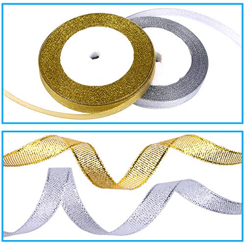 DECYOOL 4 Rolls 100 Yards Christmas Ribbons Metallic Glitter Fabric Holiday Festival Satin Ribbons 10mm Wide for Gift Wrapping Decoration