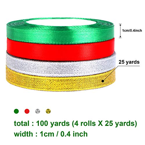 DECYOOL 4 Rolls 100 Yards Christmas Ribbons Metallic Glitter Fabric Holiday Festival Satin Ribbons 10mm Wide for Gift Wrapping Decoration