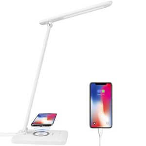 hdtime led desk lamp with wireless charging, eye-caring table lamp usb charging port, 3lighting modes 5brightness levels with memory function, touch control adjustable lamp15w office, reading, study