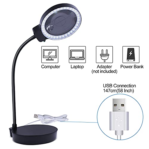 Magnifying Glass with Light and Stand, 10X 20X Magnifying Desk Lamp with Brightness Stepless Dimmable , Adjustable Gooseneck for Reading, Close Work, Hobbies