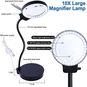 Magnifying Glass with Light and Stand, 10X 20X Magnifying Desk Lamp with Brightness Stepless Dimmable , Adjustable Gooseneck for Reading, Close Work, Hobbies