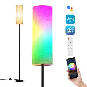 hialotvt led floor lamp for living room bedroom, smart standing lamp with alexa google assistant app remote control, tall modern floor lamp with linen lamp shade, 16 million colors bulb included
