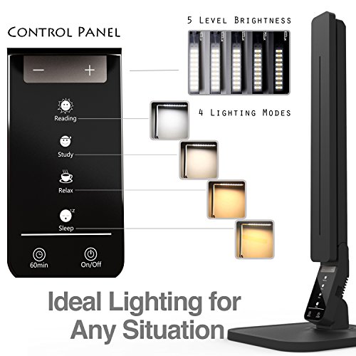 Lampat Dimmable LED Desk Lamp, 4 Lighting Modes (Reading/Studying/Relaxation/Bedtime), 5-Level Dimmer, Touch-Sensitive Control Panel, 1-Hour Auto Timer, 5V/1A USB Charging Port, Piano Black