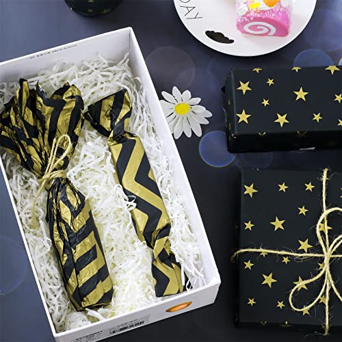 Bolsome 100 Sheets Gold Black Tissue Paper Bulk, 14"x20" Metallic Tissue Paper with Buffalo Plaid, Star, Stripe, Polka Dot, Wave Gold Design Patterned for 2023 Graduation Gift Wrapping