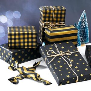 Bolsome 100 Sheets Gold Black Tissue Paper Bulk, 14"x20" Metallic Tissue Paper with Buffalo Plaid, Star, Stripe, Polka Dot, Wave Gold Design Patterned for 2023 Graduation Gift Wrapping