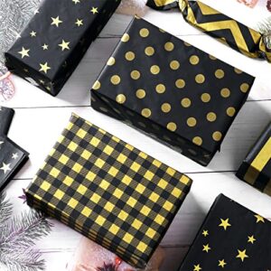 Bolsome 100 Sheets Gold Black Tissue Paper Bulk, 14"x20" Metallic Tissue Paper with Buffalo Plaid, Star, Stripe, Polka Dot, Wave Gold Design Patterned for 2023 Graduation Gift Wrapping