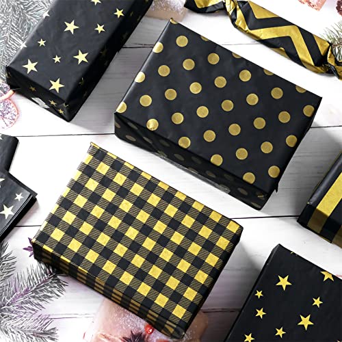 Bolsome 100 Sheets Gold Black Tissue Paper Bulk, 14"x20" Metallic Tissue Paper with Buffalo Plaid, Star, Stripe, Polka Dot, Wave Gold Design Patterned for 2023 Graduation Gift Wrapping