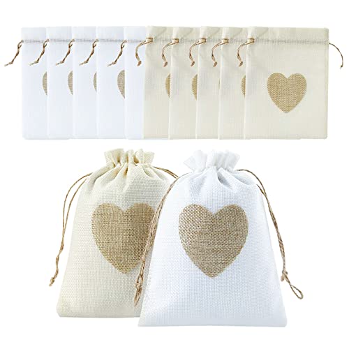 Burlap Heart Gift Bags with Drawstring,24pcs 4”x6" Jute Cloth Favor Pouches for Wedding Shower Party Thanksgiving Christmas Valentine's Day