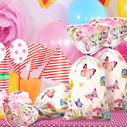 Pajean 100 Pcs Butterflies Cellophane Treat Bags Watercolor Flowers Butterfly Printed Goodie Candy Favor Bags with 100 Twist Ties for Butterfly Girls Birthday Baby Shower Summer Themed Party Supplies